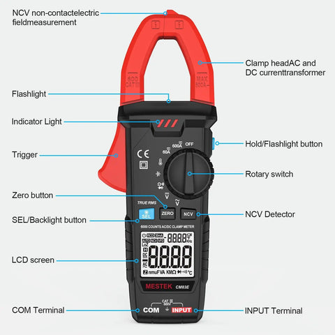 True RMS Digital Clamp Meter For DIY And Pros, 6000 Counts, 600A Current, 600V Voltage, Auto Ranging Multimeter with labeled features