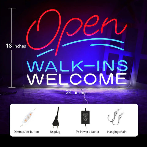 Open Walk Ins Welcome Neon Sign With Dimmable LED Eye Catching Lit Bright Red Light Great For Shop Bar Club Pub 12V Powered For Restaurant Or Barber Shop 60x45cm Acrylic Backboard 3D Engraving