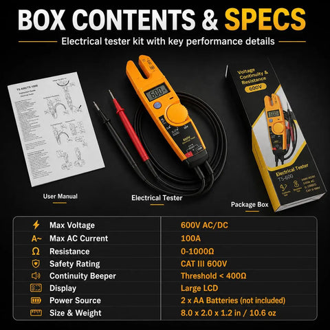 600V Voltage And Current Tester For Electrical Troubleshooting A Fast Reading Tool That Checks AC Voltage Current And Continuity In A Compact Handheld Meter with manual and box