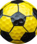 Close-up of a yellow and black Soccer Themed Novelty Golf Ball with 360 Degree Soccer Design for Players Coaches Fans