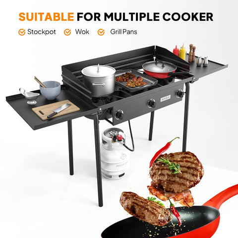 Three Burner Outdoor Propane Stove With Side Shelf And Carrying Bag 225000 BTU Gas Cooker with cookware and propane tank
