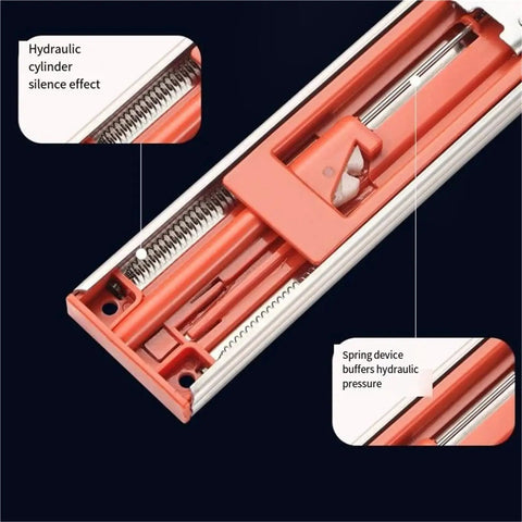 Close-up of Three Section Stainless Steel Drawer Slides With Damping Buffer showing hydraulic cylinder and spring device