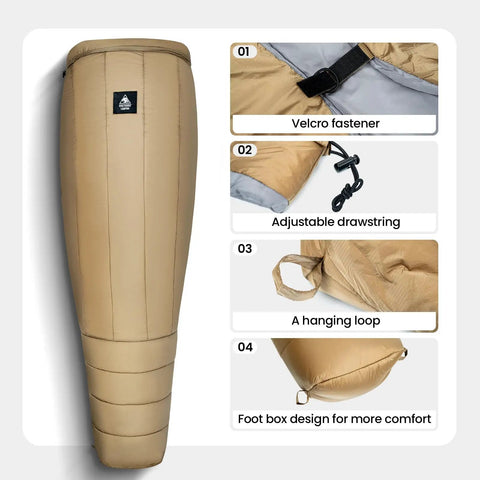 Ultralight Sleeping Quilt For Backpacking And Hammock Camping, 40 Degree Warmth With Footbox, Velcro fastener, drawstring, tan color