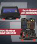 104 Piece Automotive Circuit Test Leads Kit with case, alligator clips, banana plugs, multimeter and oscilloscope probes visible.