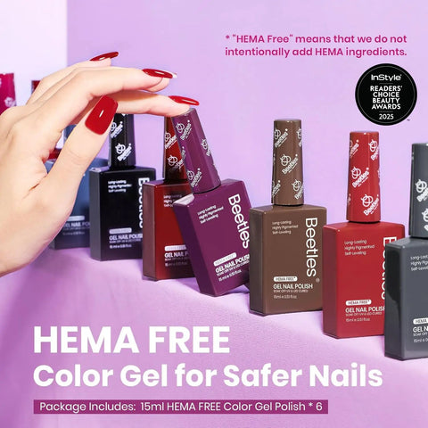 Six Piece Gel Nail Polish Set 15ml Each Full Size Kit With Burgundy Dark Red Brown Black Gray And More Shades displayed on table