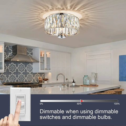 Lit 13 Inch Chrome Flush Mount Crystal Ceiling Light With 3 K9 Crystals Modern Chandelier installed in kitchen