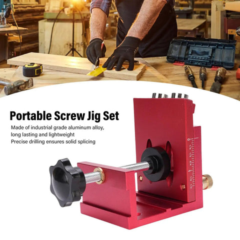 Pocket Hole Jig Kit Pro Grade With 3 In 1 Adjustable Drill Guides Portable Aluminum Alloy Woodworking Joint Angle Tool showcased in use with woodworking tools in background.