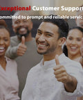 Diverse group of people smiling and giving thumbs up in front of a customer support banner