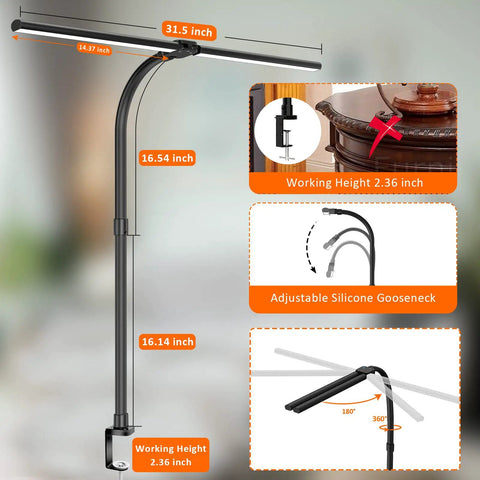 Double Head LED Desk Lamp With 24W Power, Big Reach Adjustable Arm Extends To 31.5 Inches, gooseneck with clamp base