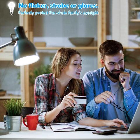 Couple studying under lamp with Best Value A19 LED Bulbs 100 Watt Equivalent 13W 5000K Daylight White 1500 Lumens