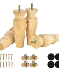 Six Inch Wood Furniture Feet Set Of Four Unfinished Replacement Legs For Chair Ottoman Cabinet Dresser Mid Century Modern Round Bun Style DIY Friendly Easy Install Pre Drilled For M8 Bolts shown with screws and felt pads.