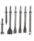 9-Piece Pneumatic Chisel Set For Air Hammer, Punch And Chipping Bits, Includes Nine Unique Shapes, 0.39 Inch Round Shanks, Heavy Duty Masonry And Concrete Demolition Kit displayed in a row.