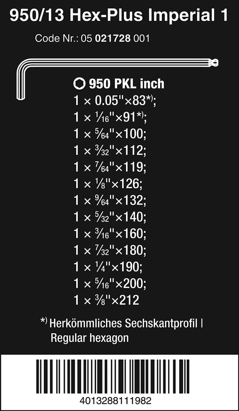 Hex Plus 13-Piece L Key Set For Imperial Hex Sockets, Black Laser Coated List of Sizes with Bar Code