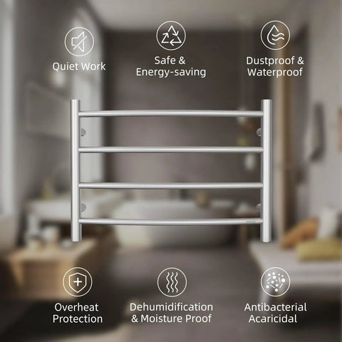 Brushed Nickel Wall Mounted Towel Warmer Rack Electric Stainless Steel Four Curved Bars For Bathroom Plug In 40W ETW29 Modern Design with features listed