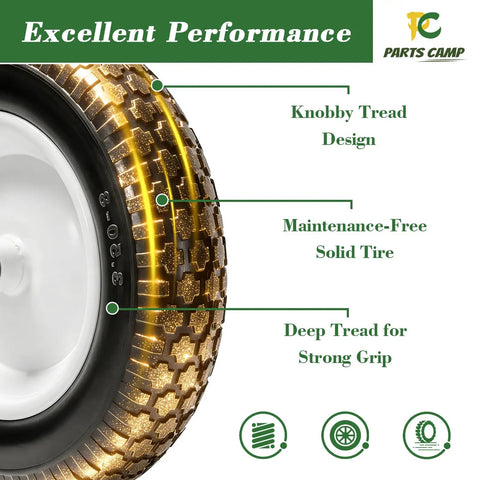 Flat Free 14.5 Inch Wheelbarrow Tire And Wheel Set with knobby tread design, 3.50-8, showing maintenance-free solid tire.