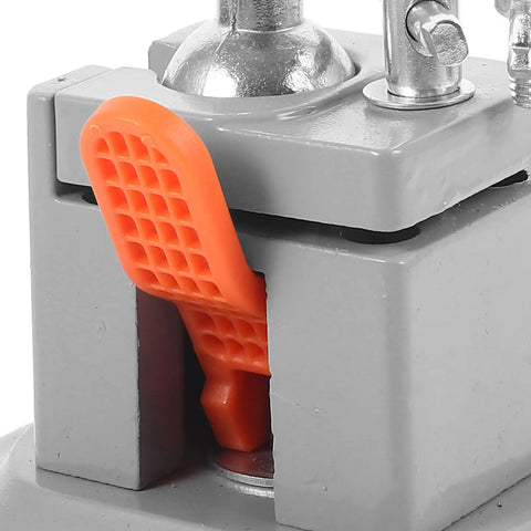 Close-up of orange clamp on Portable Metal Table Vise with Suction Cup Base, 360 Degree Rotating Clamp for Drill Press Milling