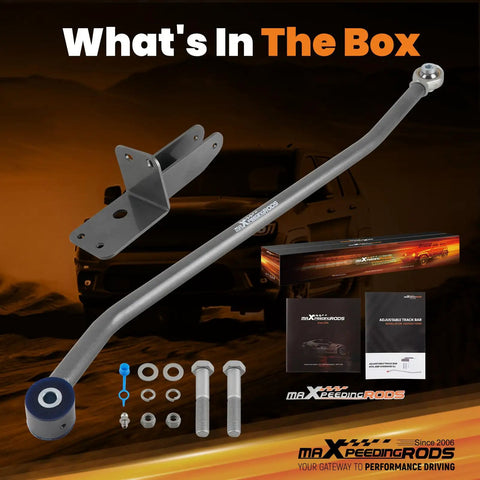 Adjustable Front Track Bar for Jeep Cherokee XJ 1984 2001 With Panhard Rod Relocation Bracket Fits 4 To 6 And A Half Inch Lift Centers Axle After Lift Off Road Ready 2WD 4WD kit with bracket, bolts, bushings and instructions
