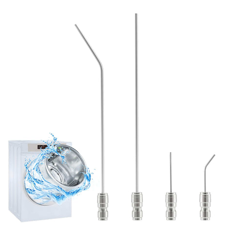 Needle Nozzle Kit For High Pressure Cleaning With Stainless Flush Wand Extension Tips And Quick Connect 1 To 2 GPM Quarter Inch Grime Busting For Tight Spots Great For Washing Machines AC Coils Water Heaters Auto Detailing Appliance Cleaning shown with various nozzle sizes and a washing machine.
