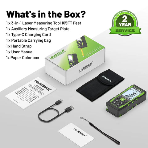 All In One 3 In 1 Laser Measuring Tool With 165 Ft Laser Measure, 33 Ft Green Cross Line Laser Level, 6.5 Ft Digital Tape Measure, Rechargeable Battery, Voice Broadcast, Multi Mode, Rugged Construction For Construction And Home Use, box contents shown