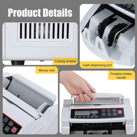 Close-up of Money Counter With Value Count And UV MG IR Counterfeit Detection, showing cooling window and cash dispensing port.
