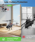 Beginner Friendly RC Helicopter With Auto Hover And Altitude Hold hovering indoors with low-battery protection feature shown