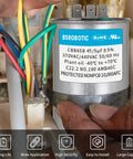 Close-up of 45 Plus 5 uF Dual Run Round AC Capacitor For Air Conditioning Units 370/440 VAC CBB65B with labeled details.