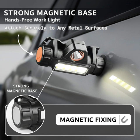 Ultra Lightweight Magnetic LED Work Light And Rechargeable Headlamp for mechanics, attached to car with magnetic base.