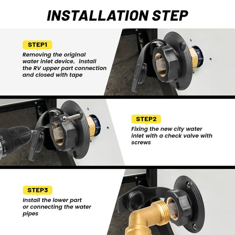 City Water Inlet For RV With Lead Free Brass And Check Valve, Three Quarter Inch NH Female To One Half Inch NPT Male Connection, Water Fill Inlet Flange Replacement For Camper Trailer Motorhome And Marine Use installed on RV wall