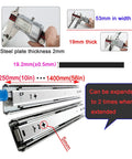 Close-up of heavy duty metal drawer slides 20 inch ball bearing runners with measurements for extension and thickness.