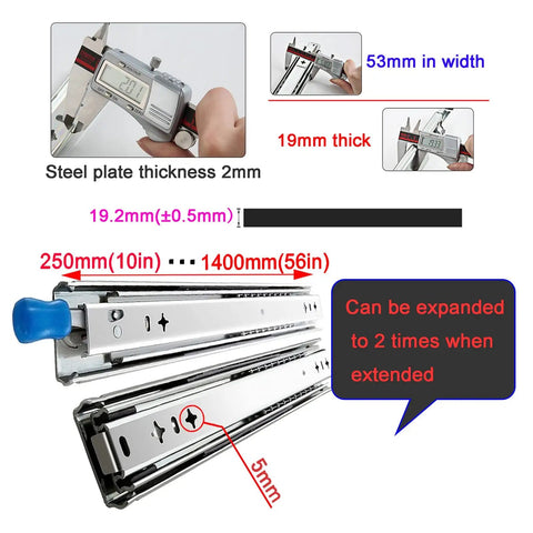 Close-up of heavy duty metal drawer slides 20 inch ball bearing runners with measurements for extension and thickness.