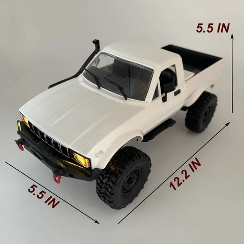 Rugged One Sixteenth Scale RC Rock Crawler Truck 4x4 With Realistic Interior, white design, shown from front angle with measurements