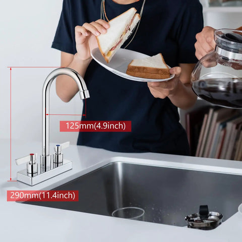 Slick Polished Chrome Bar Sink Faucet Featuring A Solid Four Inch Centerset Spout Rising Eight Point Three Inches crafted from tough SUS304 steel.