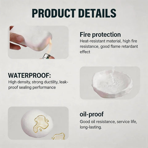Waterproof Sealant Putty for Quick Fixes No Mess Patch Up Pipes Walls Holes And AC Openings Durable Mending Clay product details showing fire protection, waterproof, oil-proof features.