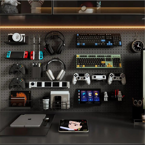 Wall-mounted pegboard with gaming consoles, keyboards, headphones, and gadgets organized neatly, showcasing efficient storage.
