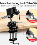 360 Degree Rotating Bench Vise With Quick Release Ratchet Wrench mounted to table, showing locked and unlocked states