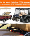 Image showing golf carts with installed 40 Inch Retractable Golf Cart Seat Belts Kit Universal Fit For Club Car EZGO Yamaha 2 Pack.