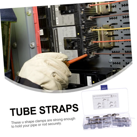 Pro Grade Heavy Duty Stainless Steel U Clamp Pipe Repair Kit 50 Pack shown with gloves near electrical panels