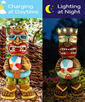 16.7 Inch Tiki Garden Statue With Solar Powered Lantern Lights in daylight and nighttime ambiance, solar tiki man figurine
