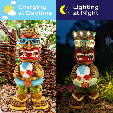 16.7 Inch Tiki Garden Statue With Solar Powered Lantern Lights in daylight and nighttime ambiance, solar tiki man figurine