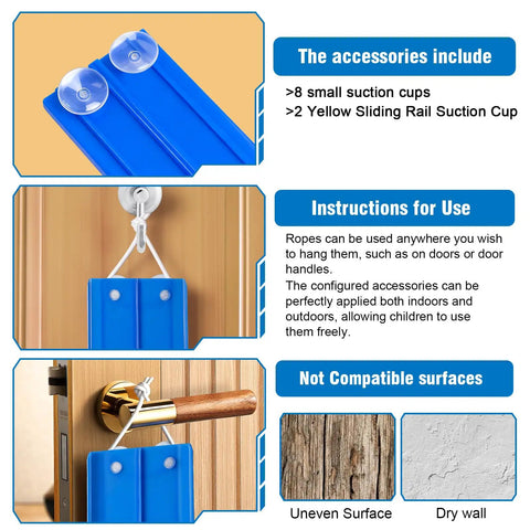 Blue flexible track accessories include suction cups, yellow sliding rail, rope setup on door, not compatible with rough surfaces for 15Ft Flexible Race Car Track For Kids With Suction Cups Easy Setup Roll Up Portable Racetrack Compatible With Diecast 1 To 64 Cars And Marbles Includes 4 Race Cars For Ages 3 And Up Blue Gray Orange Red.