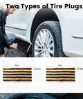 Flat Tire Repair Kit With Plugs 16 Pcs Heavy Duty Tire Plug Kit For Car Motorcycle ATV Jeep Truck Tractor T Handle Stainless Steel Tools With Ergonomic Rubber Grips showing two types of tire plugs next to a car tire.