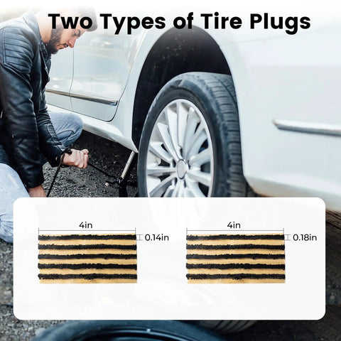 Flat Tire Repair Kit With Plugs 16 Pcs Heavy Duty Tire Plug Kit For Car Motorcycle ATV Jeep Truck Tractor T Handle Stainless Steel Tools With Ergonomic Rubber Grips showing two types of tire plugs next to a car tire.