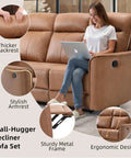 Manual Loveseat Recliner Sofa With Wall Hugger Design Two Seat Reclining Love Seat In Leathaire Brown, ergonomic features displayed.
