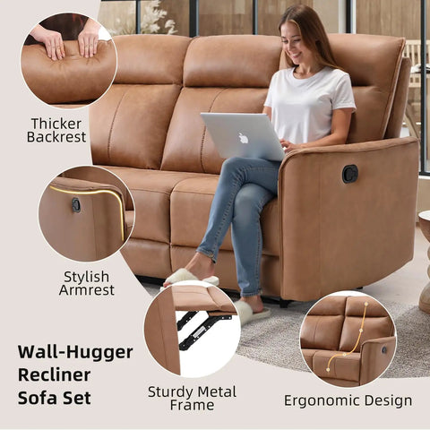 Manual Loveseat Recliner Sofa With Wall Hugger Design Two Seat Reclining Love Seat In Leathaire Brown, ergonomic features displayed.