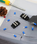 Two Pack Dual Row Terminal Block Kit With 2 Circuits, 20-30A, 200V-450V Screw Terminal Strips, Heavy Duty Wire Clamps, Includes Eight Heat Shrink Connectors For Clean, Easy Wiring And Less Clutter, black 2-position blocks