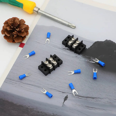 Two Pack Dual Row Terminal Block Kit With 2 Circuits, 20-30A, 200V-450V Screw Terminal Strips, Heavy Duty Wire Clamps, Includes Eight Heat Shrink Connectors For Clean, Easy Wiring And Less Clutter, black 2-position blocks