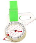 Close-up of Thumb Type Acrylic Sighting Directional Compass for Hiking and Backpacking with a green strap.