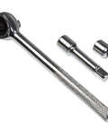 40 Piece Ratcheting Socket Wrench Set With Metric And Standard Sizes, showing ratchet handle, extension bar, and adapter.