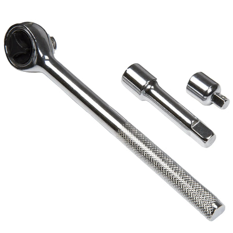 40 Piece Ratcheting Socket Wrench Set With Metric And Standard Sizes, showing ratchet handle, extension bar, and adapter.