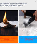 High and low temperature resistant demonstration showing burning material on left and ice scraping on right.